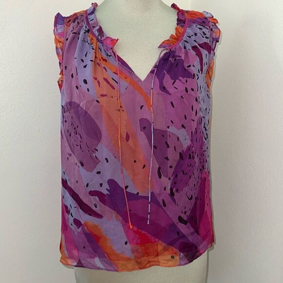 DVF Diane Von Furstenberg silk pink purple sleeveless blouse ruffle 2 - Picture 2 of 8